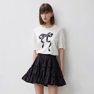Lily women Short Sleeve knit Tee with Black Bow Accent
